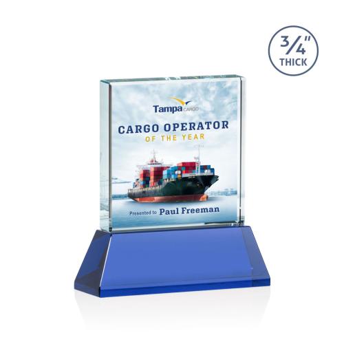 Awards and Plaques - Crystal Trophies - Landers Full Color on Helton Blue Square / Cube Crystal Trophy