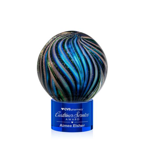 Awards and Plaques - Glass Trophies - Art Glass Trophies - McCray on Round Base Blue Globe Glass Trophy