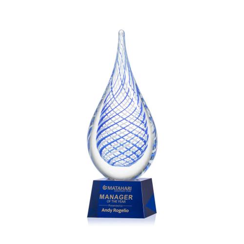 Awards and Plaques - Glass Trophies - Art Glass Trophies - Striation on Small Crystal Base Blue Tear Drop Glass Trophy