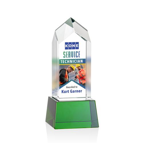 Awards and Plaques - Crystal Trophies - Escobar Full Color on Base Green Towers Crystal Trophy