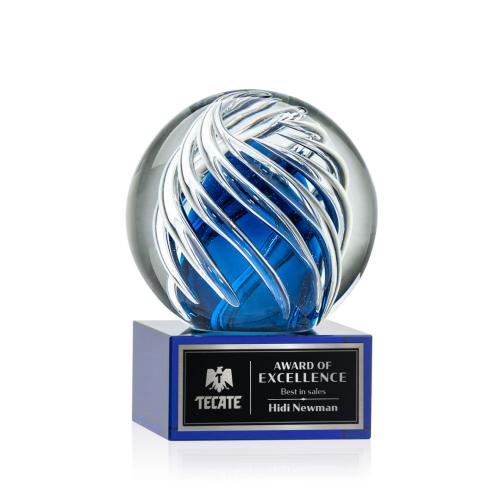 Awards and Plaques - Glass Trophies - Art Glass Trophies - Truong on Plated Crystal Base Blue Globe Glass Trophy