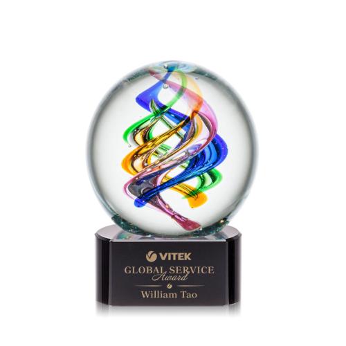Awards and Plaques - Glass Trophies - Art Glass Trophies - Blackburn on Half Round Base Black Globe Glass Trophy