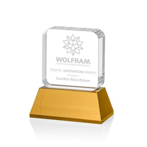 Awards and Plaques - Crystal Trophies - Walls on Base Amber Square / Cube Crystal Trophy