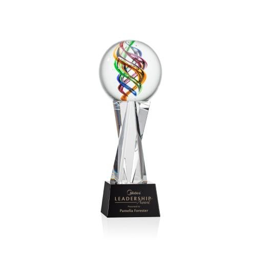 Awards and Plaques - Glass Trophies - Art Glass Trophies - Blackburn on Saldana Crystal Base Black Globe Glass Trophy
