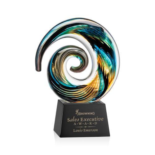 Awards and Plaques - Glass Trophies - Art Glass Trophies - Gleason on Small Crystal Black Circle Glass Trophy