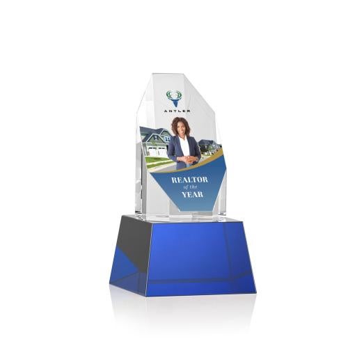 Awards and Plaques - Crystal Trophies - Cunningham Full Color on Base Blue Polygon Crystal Trophy