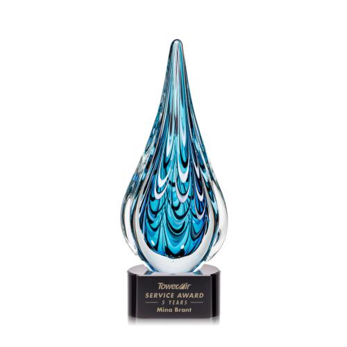 Awards and Plaques - Glass Trophies - Art Glass Trophies - Madsen on Half Round Base Black Tear Drop Glass Trophy