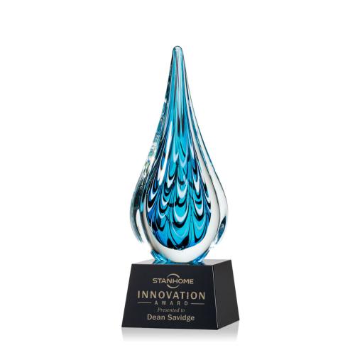 Awards and Plaques - Glass Trophies - Art Glass Trophies - Madsen on Small Crystal Base Black Tear Drop Glass Trophy