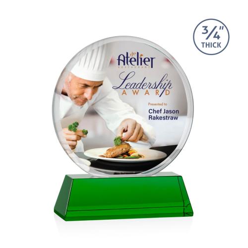 Awards and Plaques - Crystal Trophies - Juarez on Helton Full Color Green Circle Crystal Trophy