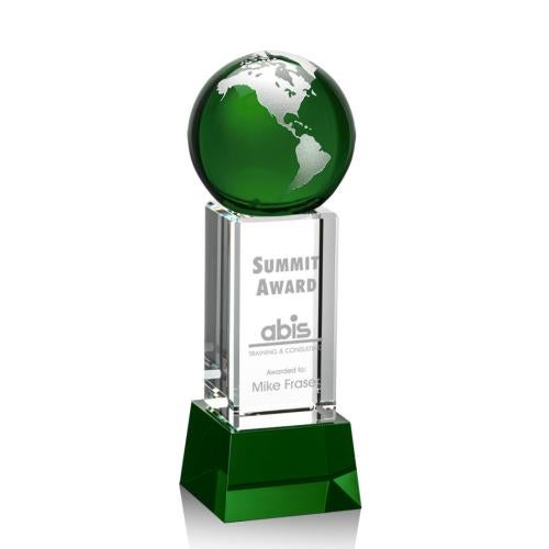Awards and Plaques - Crystal Trophies - Caballero on Base Green/Silver Globe Crystal Trophy