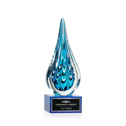 Awards and Plaques - Glass Trophies - Art Glass Trophies - Madsen on Plated Crystal Base Blue Tear Drop Glass Trophy