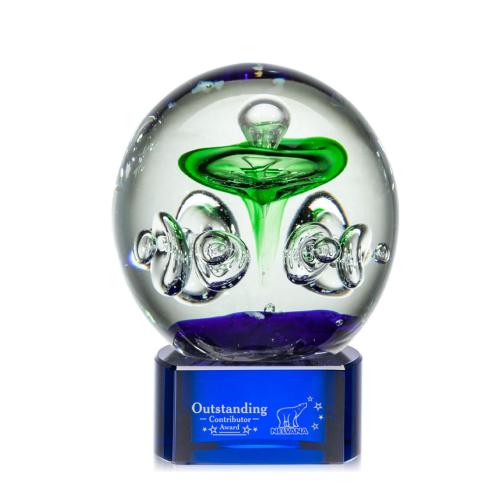 Awards and Plaques - Glass Trophies - Art Glass Trophies - Williamson on Half Round Base Blue Globe Glass Trophy