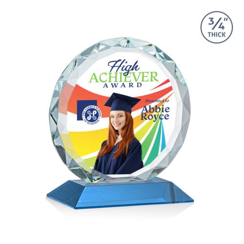 Awards and Plaques - Crystal Trophies - Clarke Full Color Sky Blue Circle Crystal Trophy
