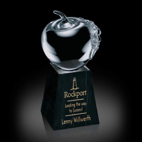 Awards and Plaques - Glass Trophies - Apple Apples on Tall Marble Base Glass Trophy