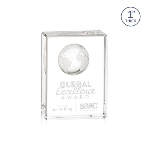 Awards and Plaques - Crystal Trophies - Stewart Globe Rectangle Crystal Trophy