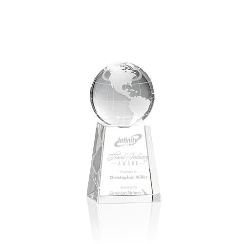 Awards and Plaques - Crystal Trophies - Globe Globe on Tall Base Crystal Trophy
