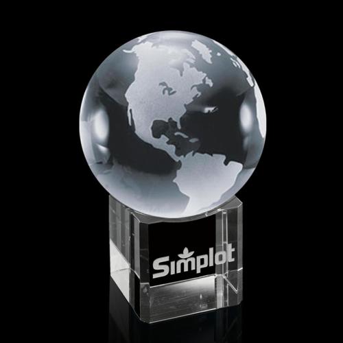 Awards and Plaques - Crystal Trophies - Globe On Cube Globe Crystal Trophy