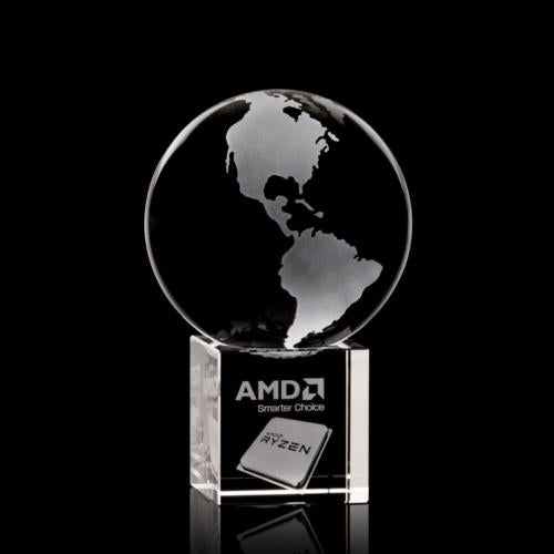 Awards and Plaques - Crystal Trophies - Globe on Cube 3D Square / Cube Crystal Trophy