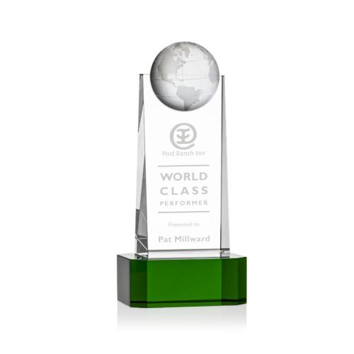 Awards and Plaques - Crystal Trophies - Kruse Globe on Base Green Towers Crystal Trophy