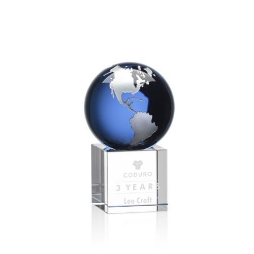 Awards and Plaques - Crystal Trophies - Petty Blue/Silver Globe Crystal Trophy