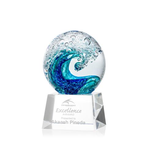 Awards and Plaques - Glass Trophies - Art Glass Trophies - Ocean Wave Globe on Small Crystal Clear Glass Trophy