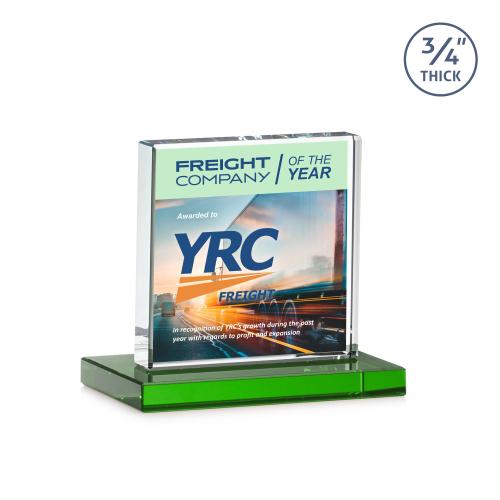 Awards and Plaques - Crystal Trophies - Landers Full Color Green Square / Cube Crystal Trophy