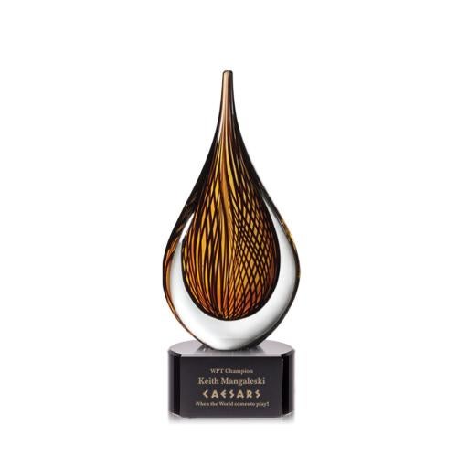Awards and Plaques - Glass Trophies - Art Glass Trophies - Gardner on Half Round Base Black Tear Drop Glass Trophy