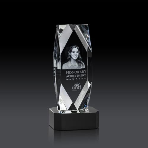 Awards and Plaques - Crystal Trophies - Atkinson 3D on Base Black Towers Crystal Trophy