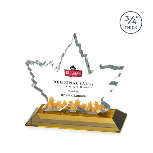 Awards and Plaques - Crystal Trophies - Sargent Leaf Full Color Amber Unique Crystal Trophy