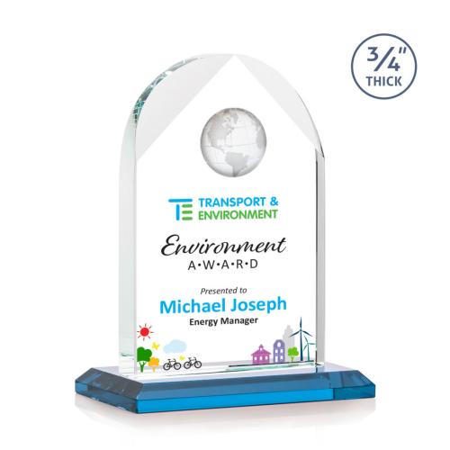 Awards and Plaques - Crystal Trophies - Cortez Full Color Sky Blue Globe Crystal Trophy