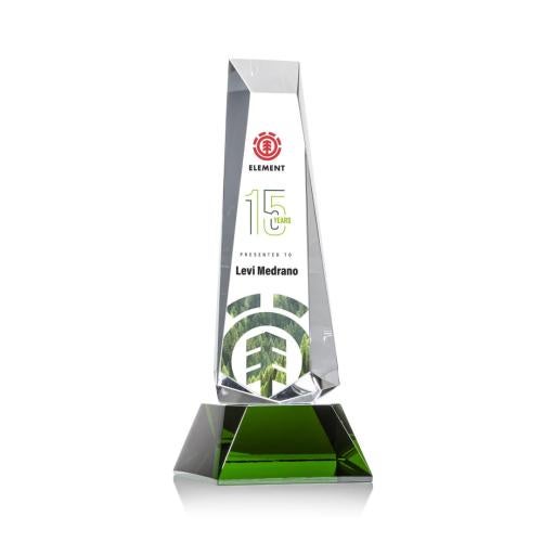 Awards and Plaques - Crystal Trophies - Hankins Full Color on Base Green Obelisk Crystal Trophy