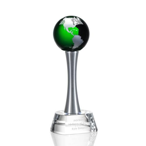 Awards and Plaques - Crystal Trophies - Metal Pedestal Green Globe Crystal Trophy