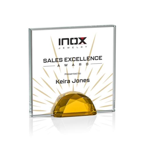 Awards and Plaques - Diamond Trophies - Pruitt Full Color Amber Square / Cube Crystal Trophy