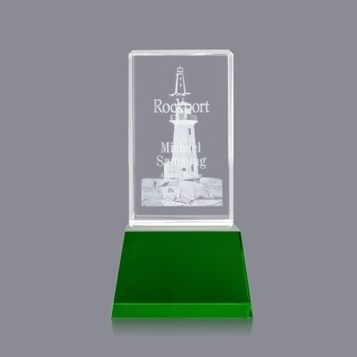 Awards and Plaques - Crystal Trophies - Small 3D on Base Green Towers Crystal Trophy
