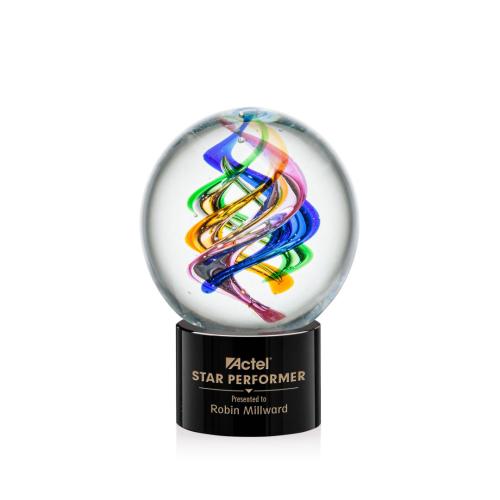 Awards and Plaques - Glass Trophies - Art Glass Trophies - Blackburn on Round Base Black Globe Glass Trophy