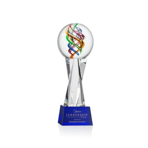 Awards and Plaques - Glass Trophies - Art Glass Trophies - Blackburn on Saldana Crystal Base Blue Globe Glass Trophy