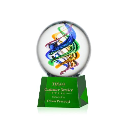Awards and Plaques - Glass Trophies - Art Glass Trophies - Blackburn on Small Crystal Base Green Globe Glass Trophy
