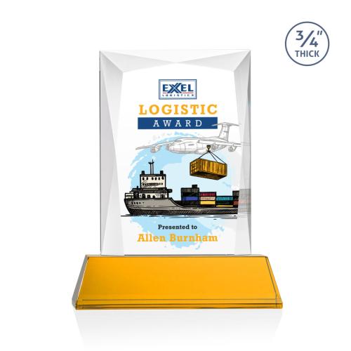 Awards and Plaques - Crystal Trophies - Cassidy Full Color on Helton Base Amber Rectangle Crystal Trophy