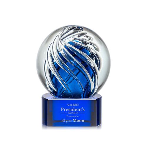 Awards and Plaques - Glass Trophies - Art Glass Trophies - Truong on Half Round Base Blue Globe Glass Trophy