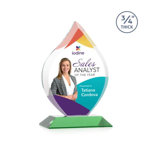 Awards and Plaques - Crystal Trophies - Cavazos Full Color Green Flame Crystal Trophy