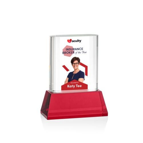 Awards and Plaques - Crystal Trophies - Downey Full Color on Base Red Rectangle Crystal Trophy