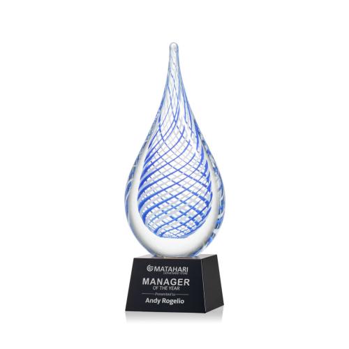 Awards and Plaques - Glass Trophies - Art Glass Trophies - Striation on Small Crystal Base Black Tear Drop Glass Trophy