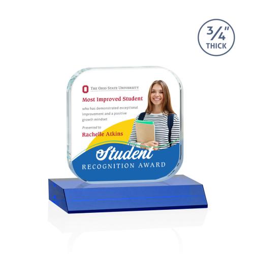 Awards and Plaques - Crystal Trophies - App Full Color Blue Square / Cube Crystal Trophy