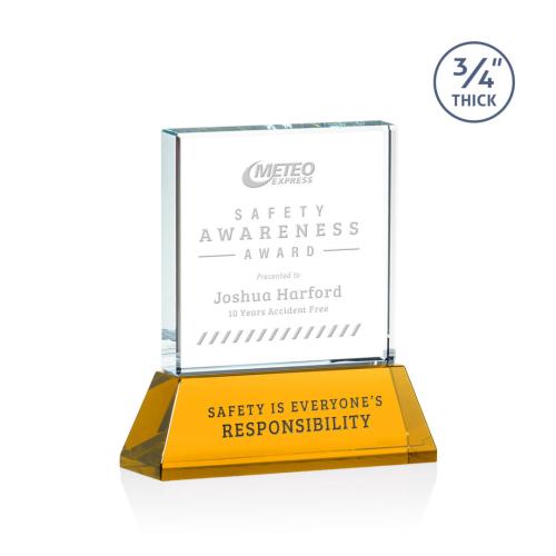 Awards and Plaques - Crystal Trophies - Landers on Helton Amber Square / Cube Crystal Trophy