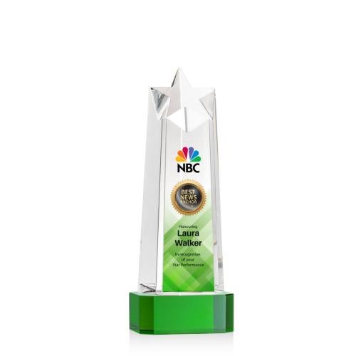 Awards and Plaques - Crystal Trophies - Delaware Star Full Color on Base Green Towers Crystal Trophy
