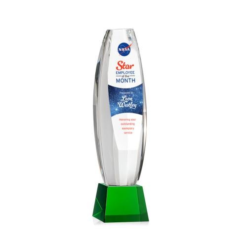 Awards and Plaques - Crystal Trophies - Hoover Full Color on Small Base Green Towers Crystal Trophy