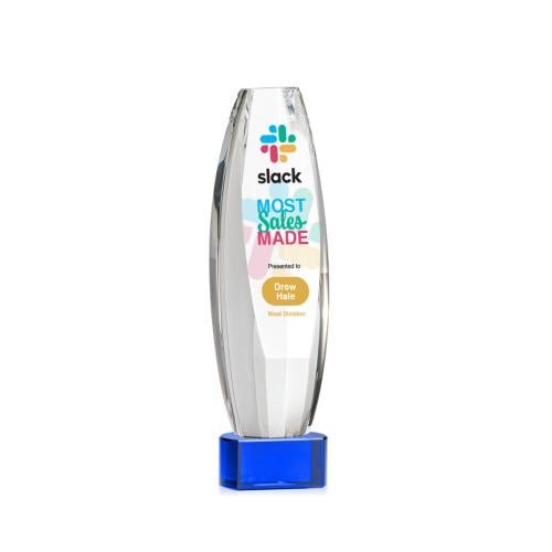 Awards and Plaques - Crystal Trophies - Hoover Full Color on Half Round Base Blue Towers Crystal Trophy
