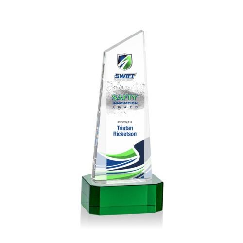 Awards and Plaques - Crystal Trophies - Bishop Tower Full Color on Corned Green Peaks Crystal Trophy
