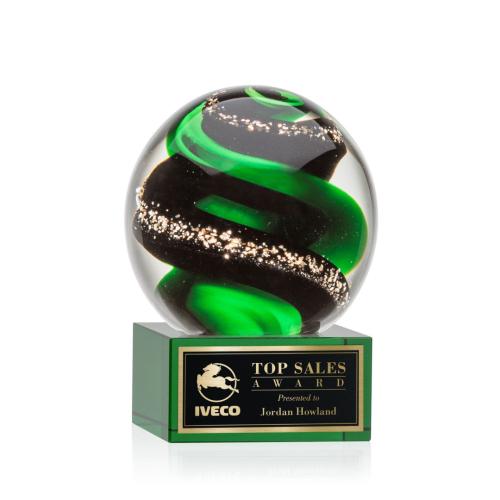 Awards and Plaques - Glass Trophies - Art Glass Trophies - Boykin on Plated Crystal Base Green Globe Glass Trophy