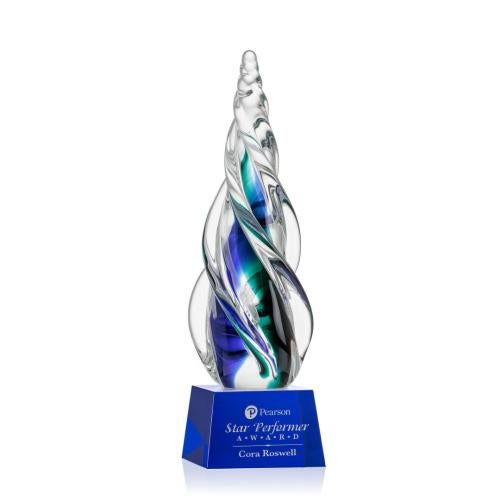Awards and Plaques - Glass Trophies - Art Glass Trophies - Alderon on Small Crystal Base - Blue